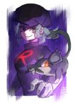  1girl alola_form alolan_rattata black_hat black_shirt breasts closed_mouth commentary furrowed_eyebrows gloves green_hair hat highres long_sleeves looking_at_viewer medium_breasts orange_eyes pokemon pokemon_(game) pokemon_usum purple_background rattata shirt short_hair signature smile team_rainbow_rocket_grunt team_rocket tostantan upper_body whiskers white_border white_gloves 