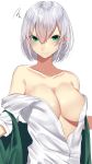  alternate_breast_size arms_at_sides bare_shoulders breasts cleavage closed_mouth collarbone collared_shirt commentary_request down_vest dress_shirt eyebrows_visible_through_hair green_vest hair_between_eyes highres konpaku_youmu large_breasts long_sleeves looking_at_viewer no_bra no_hairband off_shoulder onineko-chan open_clothes open_shirt open_vest shiny shiny_skin shirt shirt_down short_hair silver_hair simple_background solo squiggle sweatdrop touhou vest white_background white_shirt 