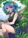  aqua_eyes backpack bag bare_shoulders black_shirt black_tank_top blue_eyes blue_hair blue_skirt blush boots collarbone commentary cross-laced_footwear cucumber dappled_sunlight day food_in_mouth green_backpack green_hat hair_bobbles hair_ornament hat highres karasusou_nano kawashiro_nitori lace-up_boots looking_at_viewer medium_hair outdoors plant river rock shirt shorts skirt sleeveless solo sunlight tank_top thighs touhou tree_shade two_side_up 