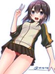  ass_visible_through_thighs black_eyes black_hair black_skirt buruma buruma_under_skirt cowboy_shot green_jacket hayasui_(kantai_collection) highres jacket kantai_collection looking_at_viewer open_mouth pleated_skirt red_buruma short_hair simple_background skirt smile solo thigh_gap track_jacket twitter_username v white_background yuuki_miyabi 