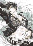  abs adonis_belt belial_(granblue_fantasy) belt brown_hair come_hither feather_boa granblue_fantasy hand_behind_head kishiyama looking_at_viewer lying male_focus muscle navel on_back on_bed parted_lips partially_unbuttoned pectorals red_eyes seductive_smile short_hair smile solo 