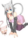  animal_ears arm_support bangs bare_shoulders black_neckwear blue_eyes boots bow breasts cat cat_ears cat_tail closed_mouth collar commentary_request detached_sleeves dress feet_out_of_frame grey_hair hair_between_eyes hair_bow highres kneeling leaning_forward looking_at_viewer mahcdai medium_breasts medium_hair original pink_dress purple_legwear saliva sleeveless tail thighhighs twintails white_background zettai_ryouiki 