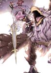  absurdres astolfo_(fate) black_bow bloom bow braid cape fang fate/apocrypha fate_(series) gauntlets hair_bow highres hippogriff lance long_hair male_focus miwa_shirou open_mouth pink_hair polearm purple_eyes reins riding simple_background single_braid solo thighhighs weapon white_background 