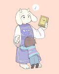  1girl 1other androgynous blue_sweater book brown_hair frisk_(undertale) from_behind full_body height_difference highres horns hug monster_girl pink_background robe sasa_kichi simple_background spoken_exclamation_mark standing striped striped_sweater sweater tiptoes toriel undertale 