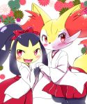  2girls animal_ears black_hair blush bow braixen extra_mouth fang female flower fox_ears fox_tail furry hair_ornament hakama hakama_skirt hand_holding hands_up highres japanese_clothes kemoribon kimono long_sleeves looking_to_the_side mawile multiple_girls no_humans open_mouth paws pokemon pokemon_(creature) pokemon_rse pokemon_xy red_bow red_eyes red_hakama sharp_teeth simple_background smile tail teeth white_background white_kimono 