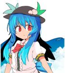  black_hat blue_hair buttons center_frills closed_mouth cloud commentary commentary_request eyebrows_visible_through_hair food fruit hat hinanawi_tenshi ini_(inunabe00) leaf long_hair looking_at_viewer peach red_eyes shirt short_sleeves sky solo touhou upper_body white_shirt 
