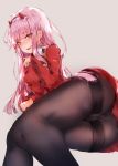  aqua_eyes ass bangs black_legwear blunt_bangs blush buttons commentary darling_in_the_franxx dress fang hairband highres horns hplay long_hair long_sleeves looking_at_viewer makeup nose_blush open_mouth panties panties_under_pantyhose pantyhose pink_hair red_dress shiny shiny_hair simple_background smile solo thighband_pantyhose underwear uniform white_hairband zero_two_(darling_in_the_franxx) 