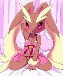  animal_ears arm_behind_head arm_up babydoll bed between_legs blush bottomless bunny_ears commentary_request furry hand_between_legs highres kemoribon keyhole lopunny no_humans open_mouth pillow pink_babydoll pink_eyes pokemon pokemon_(creature) sitting smile solo spread_legs 
