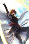  arm_up armor brown_hair granblue_fantasy male_focus multiple_wings open_mouth piyo red_eyes sandalphon_(granblue_fantasy) seraph solo sword weapon wings 