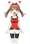  :d bike_shorts black_shirt black_shorts blue_eyes blush bracelet breasts brown_hair collarbone cropped_legs hair_between_eyes hair_ribbon hairband haruka_(pokemon) highres jewelry long_hair looking_at_viewer medium_breasts open_mouth pokemon pokemon_(game) pokemon_oras red_hairband red_shirt ribbon shirt short_shorts shorts shorts_under_shorts simple_background sleeveless sleeveless_shirt smile solo striped striped_ribbon white_background white_shorts yuihiko 