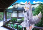  animal_ears architecture blue_sky cloud commentary_request day east_asian_architecture extra_ears eyes_visible_through_hair fox_ears fox_tail gloves highres kakutasu_(akihiron_cactus) kemono_friends long_hair looking_at_viewer looking_back oinari-sama_(kemono_friends) open_mouth orange_eyes outdoors silver_hair skirt sky solo tail tail_ornament very_long_hair white_gloves 