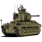  blue_eyes caterpillar_tracks chibi coat empty_eyes grey_hair ground_vehicle hammer_and_sickle hat headphones hibiki_(kantai_collection) iiyatsu_(stormtrooperh) kantai_collection matilda_(tank) military military_vehicle motor_vehicle star tank verniy_(kantai_collection) white_background 