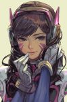  bangs blue_bodysuit bodysuit brown_eyes brown_hair closed_mouth d.va_(overwatch) facepaint facial_mark gloves hand_on_headphones hand_on_own_face hankuri headphones long_hair multicolored multicolored_clothes overwatch pilot_suit shoulder_pads smile solo swept_bangs upper_body white_gloves yellow_background 