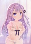  1girl azur_lane babydoll bare_arms bare_shoulders black_bow black_panties black_ribbon blurry blurry_background blush bow breasts closed_mouth collarbone commentary_request covered_navel depth_of_field hair_bun hair_ribbon long_hair looking_at_viewer maeha navel one_side_up panties purple_eyes purple_hair ribbon see-through side_bun small_breasts solo strap_slip underwear underwear_only unicorn_(azur_lane) very_long_hair white_babydoll 