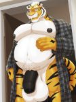  anthro asyr balls barazoku bathrobe big_balls black_penis clothing dream_and_nightmare feline huge_balls humanoid_penis male mammal mature_male open_robe overweight overweight_male penis robe solo tiger white_balls 