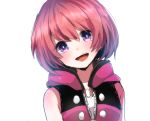  1girl :d bangs blush bright_pupils buttons eyebrows_visible_through_hair hair_between_eyes head_tilt herunia_kokuoji hood hood_down jewelry kairi_(kingdom_hearts) kingdom_hearts kingdom_hearts_iii looking_at_viewer necklace open_mouth purple_eyes red_hair short_hair simple_background sleeveless smile solo upper_body white_background white_pupils zipper 