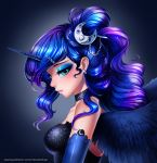  2017 alternate_species animal_humanoid armwear blue_eyes blue_hair breasts choker clothing cosmic_hair digital_media_(artwork) ear_piercing elbow_gloves equine equine_humanoid eyelashes eyeshadow feathered_wings feathers female friendship_is_magic gloves hair horn human humanized humanoid long_hair makeup mammal my_little_pony piercing princess_luna_(mlp) racoon-kun solo wings 