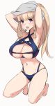  :o armpits arms_up bangs bare_legs barefoot bikini blonde_hair blue_bikini blunt_bangs blush breasts cleavage cleavage_cutout criss-cross_halter grey_shirt halterneck kneeling large_breasts lifted_by_self long_hair looking_at_viewer meme_attire navel open_mouth original ponytail purple_eyes rei_no_mizugi round_teeth shiny shiny_hair shiny_skin shirt shirt_lift sidelocks solo stomach swimsuit tareme teeth thighs undressing v-shaped_eyebrows xiujia_yihuizi 