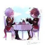  armor brown_hair coffee drinking granblue_fantasy lucifer_(shingeki_no_bahamut) male_focus multiple_boys red_eyes sandalphon_(granblue_fantasy) shiina_kimagure short_hair smile table talking white_hair 