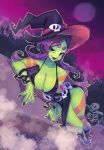  black_lipstick breasts cleavage green_skin hat lipstick long_hair lying makeup moon nail_polish purple_hair rafchu skeleton skull smile solo tattoo tombstone witch_hat 