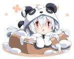  ahoge animal_costume animal_ears bangs blush chibi commentary drooling food hair_between_eyes hair_rings holding holding_spoon hood hood_up long_sleeves looking_at_viewer lying matoi_(pso2) milkpanda on_stomach open_mouth panda_costume panda_ears panda_hood panda_tail phantasy_star phantasy_star_online_2 red_eyes sidelocks silver_hair sleeves_past_fingers sleeves_past_wrists solo spoon white_background 