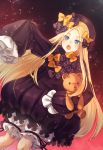  abigail_williams_(fate/grand_order) bangs black_bow black_dress black_hat blonde_hair bloomers blue_eyes bow bug butterfly commentary_request dress dutch_angle eyebrows_visible_through_hair fate/grand_order fate_(series) forehead hair_bow hat highres insect kitazume_kumie long_hair long_sleeves looking_at_viewer object_hug open_mouth orange_bow outstretched_arm parted_bangs polka_dot polka_dot_bow revision sleeves_past_fingers sleeves_past_wrists solo stuffed_animal stuffed_toy teddy_bear underwear very_long_hair white_bloomers 