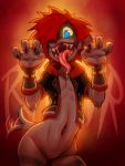  2018 4_fingers alternate_species anthro blue_eyes blue_pupils bottomless claws clothed clothing digital_drawing_(artwork) digital_media_(artwork) disney gerkk hair kingdom_hearts looking_at_viewer male mammal monster monster_sora_(character) open_mouth pixar red_hair simple_background solo sora_(kingdom_hearts) square_enix tailwag teeth text tongue tongue_out video_games 