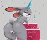  ! anthro anus birthday birthday_cake breasts butt butt_focus cake candle confetti countershade_face countershading disney english_text female food fur grey_background grey_countershading grey_fur grey_tail half-closed_eyes hat judy_hopps lagomorph leaning leaning_forward long_ears looking_back mammal mostly_nude naked_hat napalm_express party_hat portrait presenting presenting_anus presenting_hindquarters presenting_pussy purple_eyes pussy rabbit rear_view side_boob simple_background smile solo text three-quarter_portrait zootopia 