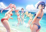  ass beach bikini blue_bikini blue_hair blurry breasts butt_crack cloud cloudy_sky commentary_request darling_in_the_franxx day depth_of_field glasses green_eyes highres ichigo_(darling_in_the_franxx) ikuno_(darling_in_the_franxx) kokoro_(darling_in_the_franxx) looking_back medium_breasts miku_(darling_in_the_franxx) multiple_girls outdoors pink_hair red_bikini satomi_(745684552) sideboob sky small_breasts smile splashing swimsuit zero_two_(darling_in_the_franxx) 
