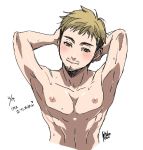  arms_behind_head blonde_hair chest christophe_giacometti cropped_torso dated facial_hair green_eyes male_focus mouri nipples shirtless smile toned toned_male yuri!!!_on_ice 