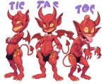  2018 3_toes absurd_res anthro bow_tie bulge claws clothed clothing demon digital_drawing_(artwork) digital_media_(artwork) gerkk group hi_res horn humanoid imp looking_at_viewer male membranous_wings not_furry simple_background skimpy smile teeth toe_claws toes tongue tongue_out topless underwear white_background wings yellow_sclera 