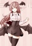  :o bat_wings black_dress black_legwear blush book breasts collared_shirt commentary_request covered_navel cowboy_shot dress dress_shirt head_wings holding holding_book jyaoh0731 koakuma long_hair long_sleeves looking_at_viewer low_wings medium_breasts muted_color pink_background red_eyes red_hair shirt simple_background solo taut_clothes taut_dress thighhighs touhou underbust v-shaped_eyebrows white_shirt wings zettai_ryouiki 