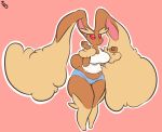  anthro anthrofied big_breasts big_ears breasts cleavage clothed clothing female immortalstar lagomorph lopunny mammal midriff nintendo pink_background pok&eacute;mon pok&eacute;mon_(species) pok&eacute;morph red_eyes shirt shorts simple_background solo tank_top thick_thighs video_games wide_hips 