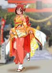  commentary_request graphite_(medium) hino_akane_(smile_precure!) japanese_clothes kimono medium_hair millipen_(medium) onnaski precure red_eyes red_hair smile_precure! solo traditional_media 