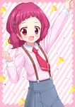  :d arm_up bad_id bad_pixiv_id blush collared_shirt commentary_request diagonal-striped_background diagonal_stripes grey_skirt hair_ornament hinata_keiichi hugtto!_precure l'avenir_academy_uniform long_sleeves looking_at_viewer necktie nono_hana open_mouth outstretched_arm pink_shirt pleated_skirt precure purple_eyes purple_hair red_neckwear shirt skirt smile solo striped striped_background suspender_skirt suspenders x_hair_ornament 
