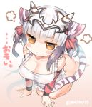  animal_ears apron arm_support bangs bare_shoulders blunt_bangs blush_stickers breasts brown_eyes cleavage closed_mouth collarbone commentary_request eyebrows_visible_through_hair frilled_apron frills haku_(p&amp;d) kneeling looking_at_viewer marshmallow_mille medium_breasts naked_apron puzzle_&amp;_dragons sidelocks silver_hair solo striped_tail tail tiger_ears tiger_girl tiger_tail translation_request twitter_username two_side_up white_apron 
