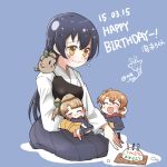  archery bangs birthday birthday_cake blue_hair blue_hakama blush cake character_name chibi closed_eyes commentary_request dated food gloves grey_hair hair_between_eyes hakama hakama_skirt happy_birthday japanese_clothes kousaka_honoka kyo_(milk_kyo) kyuudou long_hair looking_at_another love_live! love_live!_school_idol_festival love_live!_school_idol_project minami_kotori minami_kotori_(bird) multiple_girls muneate one_side_up orange_hair otonokizaka_school_uniform partly_fingerless_gloves school_uniform seiza sitting sleeping smile sonoda_umi twitter_username yellow_eyes yugake 