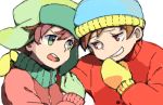  2boys brown_eyes brown_hair coat eric_cartman fur_hat green_eyes hat jacket kyle_broflovski male_focus multiple_boys open_mouth red_hair short_hair smile smirk south_park ushanka yoyterra 