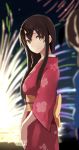  akagi_(kantai_collection) alternate_costume blue_kimono brown_eyes brown_hair cowboy_shot firework_background fireworks from_side highres japanese_clothes kaga_(kantai_collection) kantai_collection kimono long_hair looking_at_another multiple_girls night obi outdoors red_kimono sash straight_hair summer tendou_itsuki yukata 