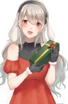  1girl alternate_costume black_gloves black_hairband box female_my_unit_(fire_emblem_if) fire_emblem fire_emblem_if fur_trim gift gift_box gloves hairband highres long_hair my_unit_(fire_emblem_if) nintendo open_mouth pointy_ears red_eyes simple_background snk_anm solo twitter_username upper_body white_background white_hair 