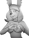  anthro anubian_jackal areola bangle black_nose blep breasts canine choker cute_fangs ear_piercing female greyscale hair half-closed_eyes half-length_portrait hand_heart hotkeke1 humanoid_hands jackal jewelry looking_down mammal monochrome nipples nude petra_(hotkeke1) piercing portrait simple_background sketch solo tongue tongue_out white_background 