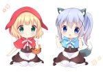  animal_ears animal_hood apron baguette bangs basket blonde_hair blue_capelet blue_eyes blue_hair blush bread brown_footwear brown_skirt bunny_ears bunny_hood capelet chatsune_(white_lolita) chestnut_mouth chibi closed_mouth eyebrows_visible_through_hair food gochuumon_wa_usagi_desu_ka? green_eyes hair_between_eyes hair_ornament hands_up hood hood_up hooded_capelet kafuu_chino kemonomimi_mode kirima_sharo long_hair multiple_girls parted_lips red_capelet shoes side_ponytail sidelocks sitting skirt tail thighhighs waist_apron wariza white_apron white_background white_legwear wolf_ears wolf_girl wolf_tail x_hair_ornament 