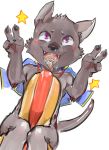  ambiguous_gender anthro blush canine cape clothing cub drooling food hot_dog mammal open_mouth peace_sign_(disambiguation) pikaqoo_(artist) saliva simple_background smile solo suggestive tears tongue tongue_out young 