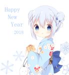  2018 bangs blue_eyes blue_hair blue_kimono blush chatsune_(white_lolita) double_bun ema eyebrows_visible_through_hair floral_print gochuumon_wa_usagi_desu_ka? hair_between_eyes hair_ornament happy_new_year holding japanese_clothes kafuu_chino kimono long_sleeves lowres new_year obi parted_lips print_kimono sash side_bun sidelocks snowflake_background solo upper_body white_background wide_sleeves x_hair_ornament 