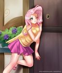 2017 alternate_species clothed clothing digital_media_(artwork) door feathered_wings feathers feet female flower fluttershy_(mlp) footwear friendship_is_magic hair human humanized humanoid long_hair mammal miniskirt my_little_pony not_furry one_eye_closed outside pink_hair plant racoon-kun sandals shirt skirt solo tank_top teal_eyes winged_humanoid wings 