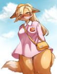  anthro blonde_hair blush bottomless breasts canine clothed clothing cloud dutch_angle ears_down eyelashes female fox fox&#039;s_sister_(kinokoningen) fur hair hair_over_eye hands_behind_back hat kemono kinokoningen low-angle_view mammal orange_eyes orange_fur portrait pussy_juice school_uniform shoulder_bag sky smock solo sweat three-quarter_portrait uniform white_fur 