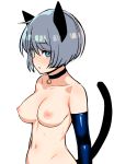  animal_ears bell bell_choker blue_eyes blue_gloves breasts cat_ears cat_tail choker collarbone commentary_request gloves grey_hair highres looking_at_viewer medium_breasts navel nezuko nipples nude original parted_lips short_hair solo tail 