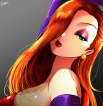  1girl aqua_eyes bare_shoulders breasts disney earrings elbow_gloves hair_over_one_eye jessica_rabbit jewelry large_breasts lips lipstick long_hair looking_at_viewer makeup orange_hair parted_lips purple_gloves red_lipstick who_framed_roger_rabbit 