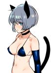  animal_ears bell bell_choker blue_bra blue_eyes blue_gloves bra breasts cat_ears cat_tail choker collarbone commentary_request gloves grey_hair highres looking_at_viewer medium_breasts navel nezuko original parted_lips short_hair solo tail underwear 