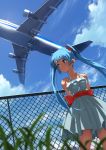  aircraft airplane bangs bare_shoulders blue_eyes blue_hair blue_sky blurry blurry_foreground blush bow chain-link_fence closed_mouth cloud collarbone commentary day depth_of_field domo1220 dress eyebrows_visible_through_hair fence from_below glint hair_ornament hair_scrunchie hatsune_miku long_hair looking_away looking_to_the_side outdoors red_bow red_scrunchie scrunchie sky sleeveless sleeveless_dress smile solo twintails very_long_hair vocaloid white_dress 